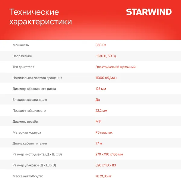 Угловая шлифовальная машина StarWind AG125-850- фото5