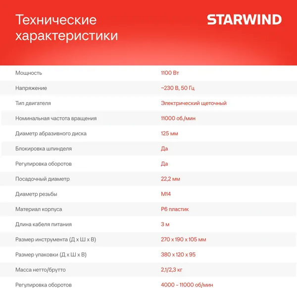 Угловая шлифовальная машина StarWind AG125E-1100- фото5