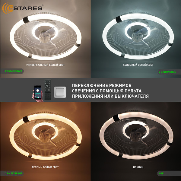 Вентилятор Estares Smarthome FN-LM Vibe 60W+18W R-APP-450x145-WHITE/WHITE-220-IP20- фото7
