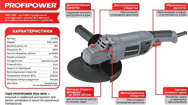 Угловая шлифовальная машина Profipower PGS-1800 / E0304- фото3