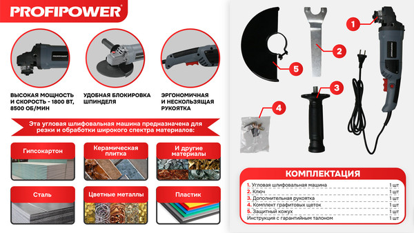 Угловая шлифовальная машина Profipower PGS-1800 / E0304- фото5