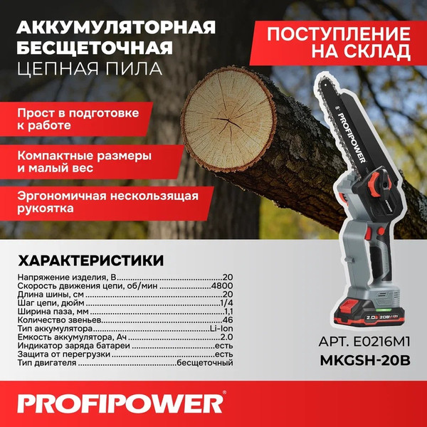 Пила цепная аккумуляторная Profipower MKGSH-20V / E0216- фото2