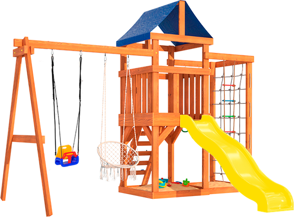 Игровой комплекс National Tree Company Cо стенкой для лазания, качелями и плетенным креслом / ДНПМ-9- фото
