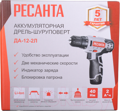 Аккумуляторная дрель-шуруповерт Ресанта ДА-12-2Л (75/14/1)- фото8