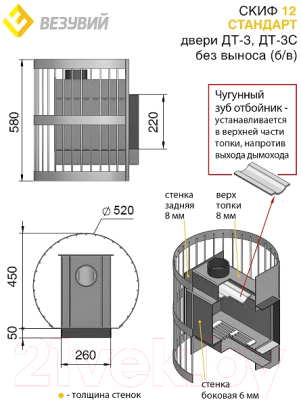 Печь-каменка Везувий Скиф Стандарт 12 (ДТ-3) без выносного туннеля- фото2