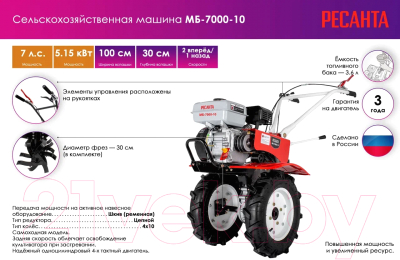 Мотоблок Ресанта МБ-7000-10 (70/5/37)- фото2