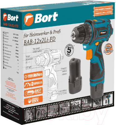 Аккумуляторная дрель-шуруповерт Bort BAB-12x2Li-FD (93413151)- фото7