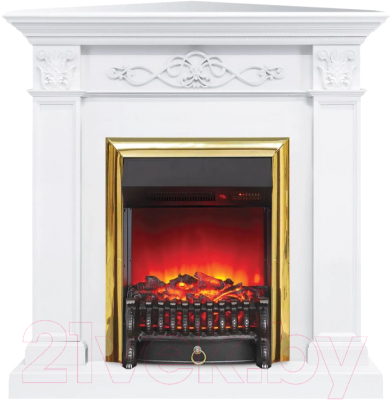 Каминокомплект Смолком Verona Corner + Fobos FXM Brass BLT-999B-5M(BR) (белый дуб/патина золото)- фото