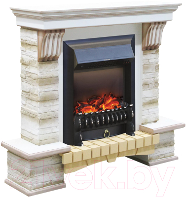 Каминокомплект Смолком Stone Montebello + Fobos-s Lux BL LT (белый ваниль/патина коричневый)