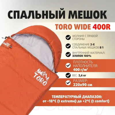 Спальный мешок Helios Toro Wide 400R 220x90 / T-HS-SB-TW-400R- фото5