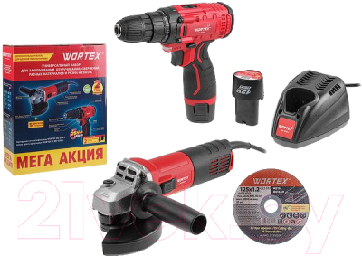 Угловая шлифовальная машина Wortex AG 1209-3 + дрель-шуруповерт LX BD 1215 Li / 1329386- фото2