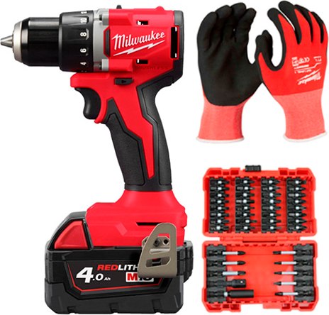 Аккумуляторная дрель-шуруповерт Milwaukee M18 BLDDRC-402C+Набор бит+Перчатки1 / 4933492834P1742F