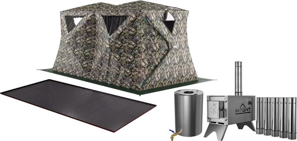 Палатка-баня MORZH Куб дубль с полом, печью и баком для воды (камуфляж)- фото